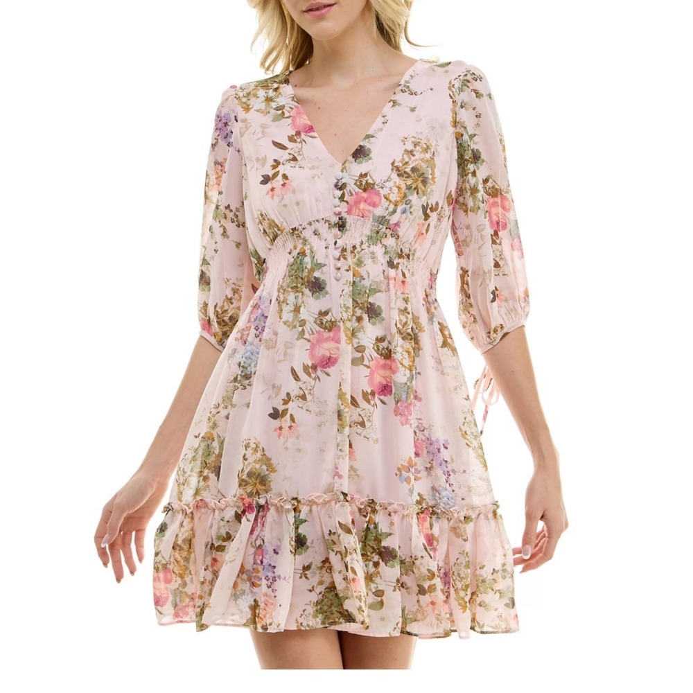 Taylor Floral Print Mini Dress Size 6 Pink Green Cottagecore Tie Sleeve